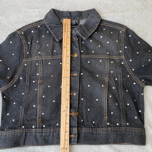 Bebe Rhinestone Denim Jacket Junior Size M Grey Wash Y2K Bling Sparkle Crop NWT - Picture 10 of 14